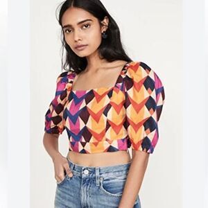 NWT Farm Rio Lindeza Grafica Linen Crop Top In Multi Small
